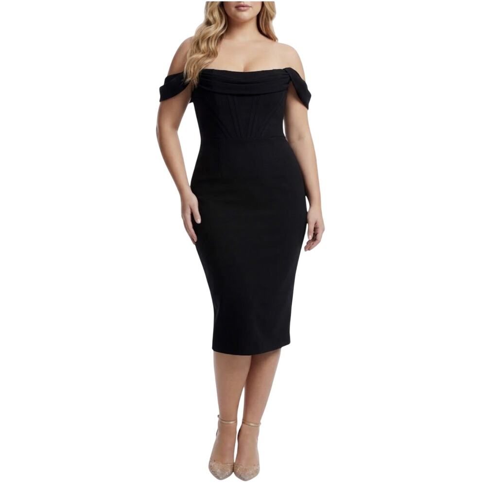 Dress the Population Off the Shoulder Midi Sheath Cocktail Dress Black Size XL